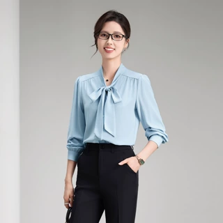 YR8108蝴蝶结飘带系带蓝色衬衫上衣女2026春秋衬衣裤子套装工作服