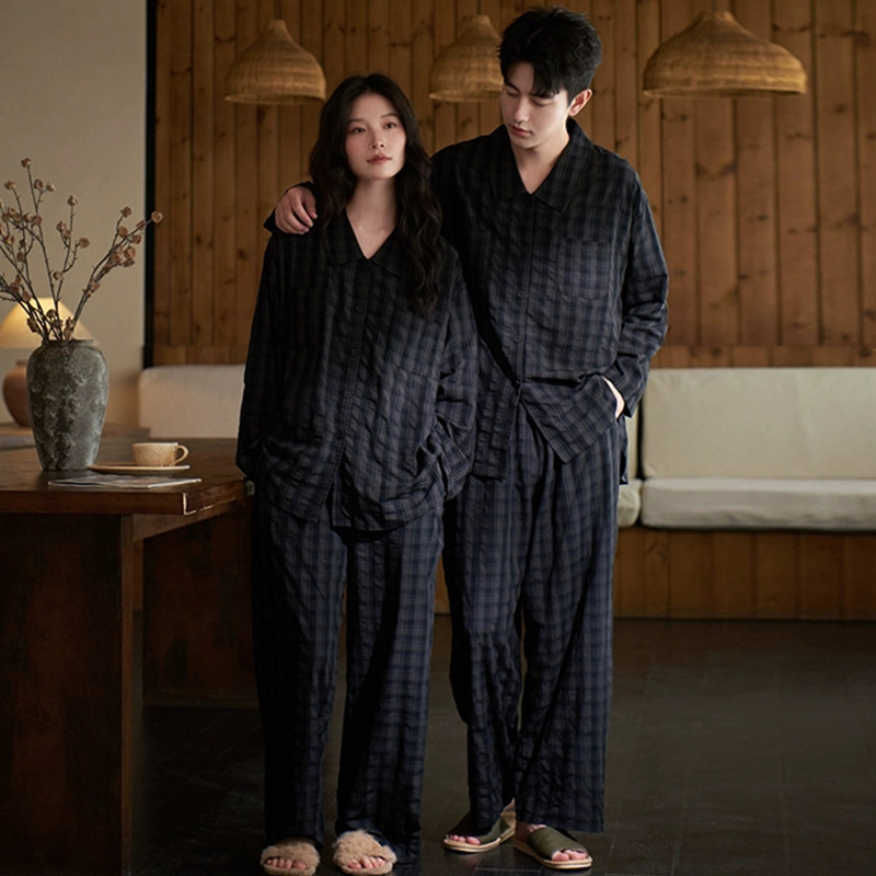 新款情侣睡衣长袖2025年春秋季女士家居服男士简约格子可外穿套装