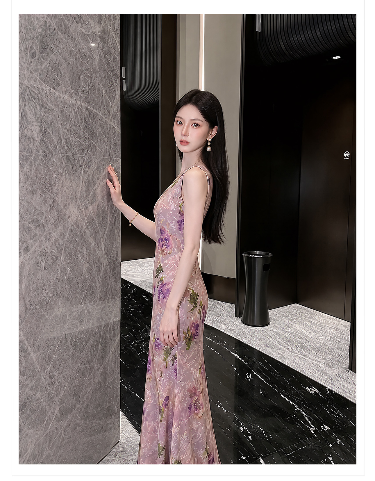 Đầm maxi nữ thắt eo họa tiết hoa văn tân cổ điển dáng suông nhẹ — Hồng tím chi tiết 11