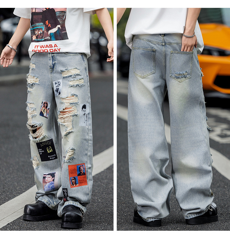 Jeans Rectos con Estampado y Desgastado para Hombre, Algodón y Denim, Diseño Rasgado, Corte Recto, para Primavera y Otoño