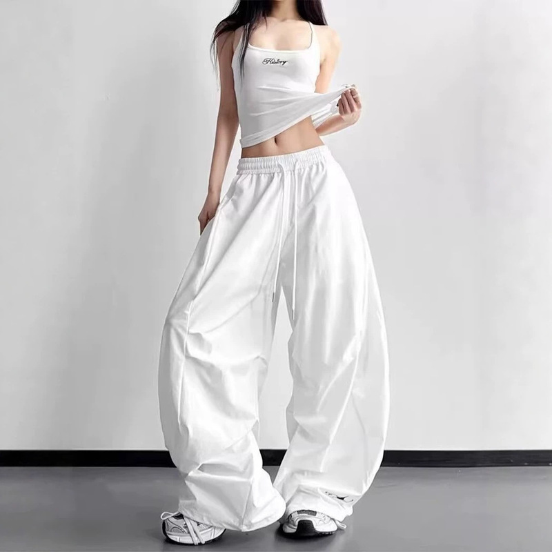 Trendy Street Dance Jazz Dance Sports Pants for Women, Spring Drawstring Pleated Loose Parachute Pants, Quick-Dry Cargo Pants