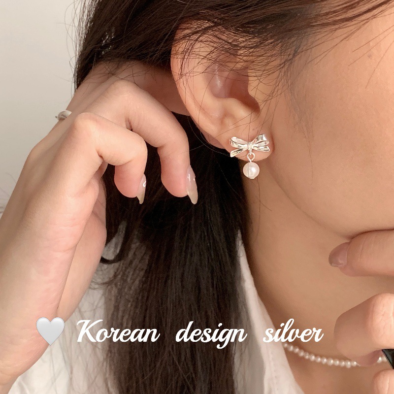 韓國2023年秋冬新款飾品 S925純銀蝴蝶結珍珠耳釘 小眾設計耳飾女