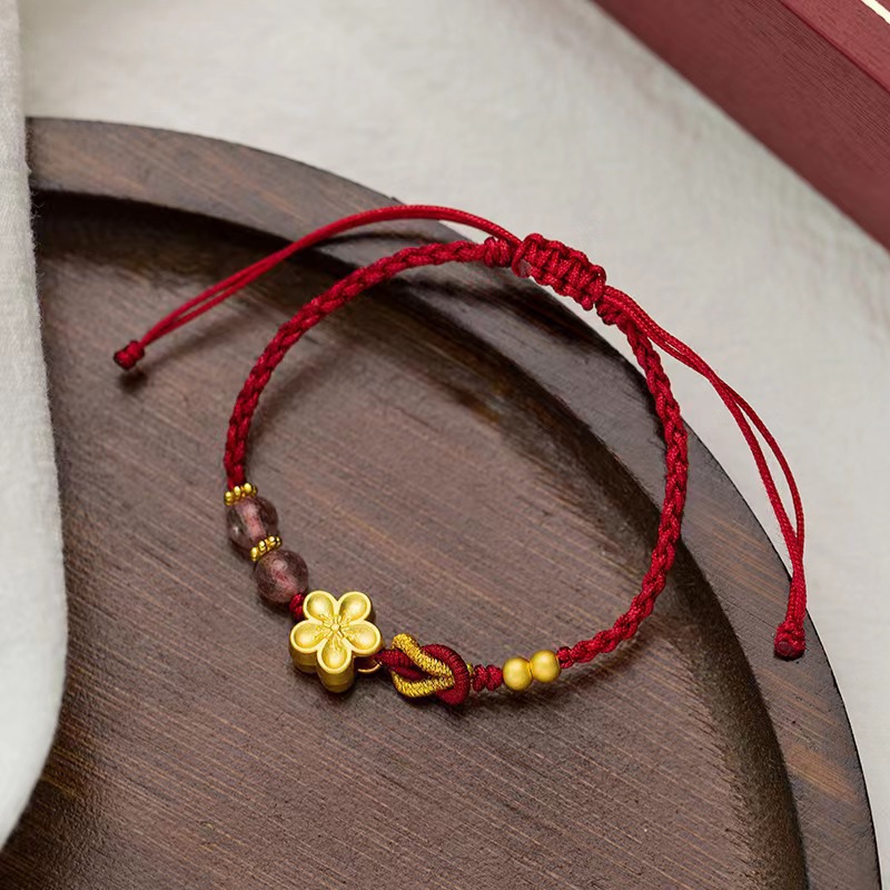New Chinese Style Red Rope Bracelet for Women, Strawberry Crystal Peach Blossom Good Luck Bracelet, Zodiac Year Braided Bracelet, Accessible Luxury National Trend