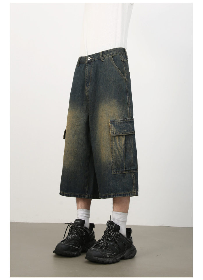 Quần short jean nam ống rộng nhiều túi phong cách hip-hop đường phố, quần lửng mùa hè — Màu xanh lam, Xanh lam làm cũ, Xanh lam nhạt chi tiết 13