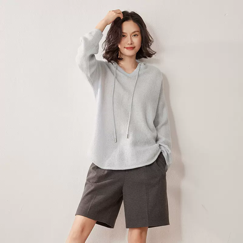 十二针镂空勾花纯色山羊绒针织打底衫宽松显瘦厚款女卫衣连帽上衣