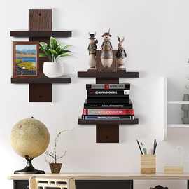 北欧木质墙面壁挂式客厅双层盆栽支架柱状浮动隔板书籍杂志储物架