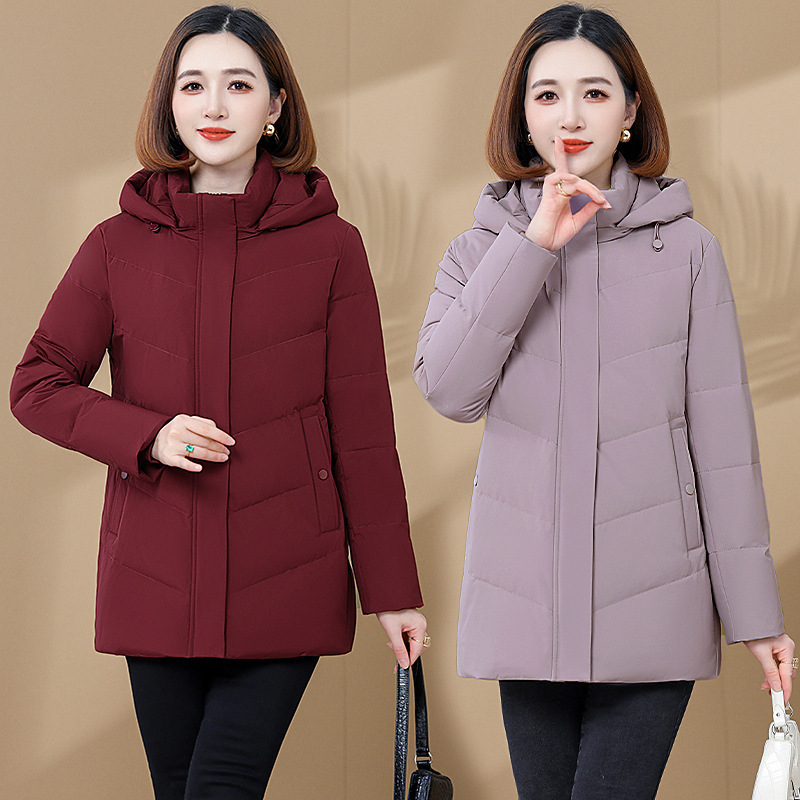 Genuine Brand Cold-Proof Short down Jacket for Middle-Aged and Elderly Mothers, Autumn and Winter Hooded Warm Women's White Duck down Coat