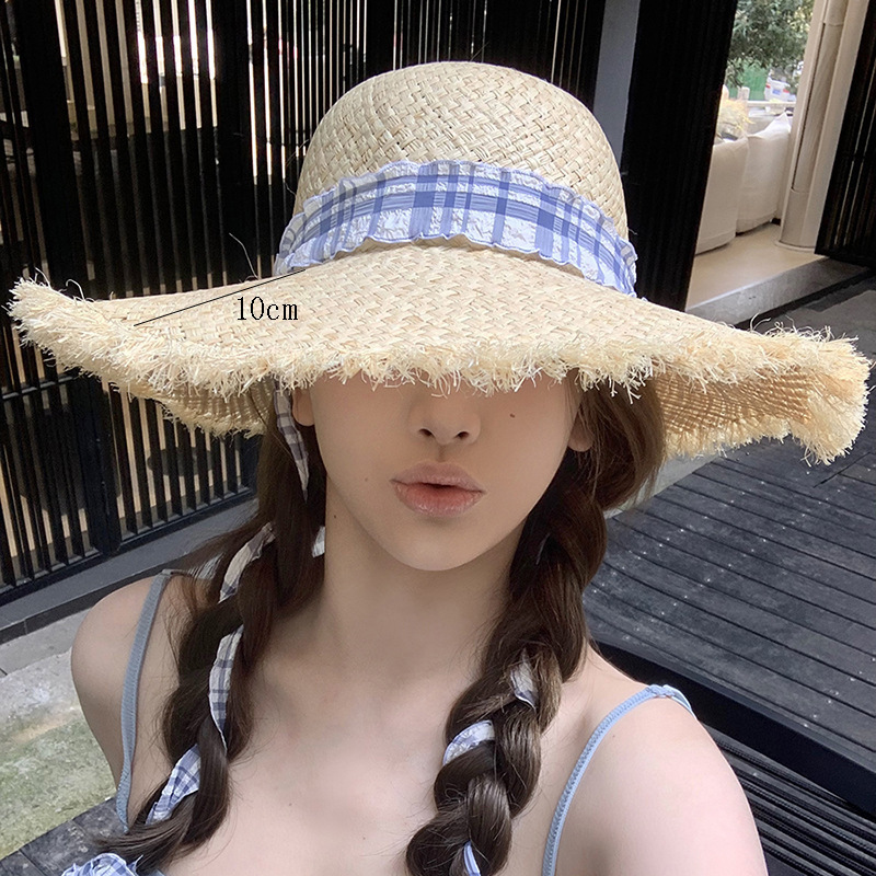 Women's Wide Brim Straw Hat For Summer Travel & Vacation, Sun Protection Beach Hat With Frayed Edge - Thumbnail 8
