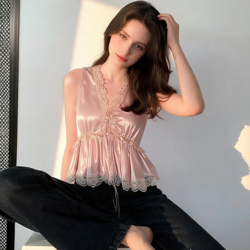 【Golden Powder Family】French-Style Lace-Trimmed Drawstring V-Neck Tie-Waist Babydoll Shirt Pure Desire Top 【Golden Powder Family】French-Style Lace-Trimmed Drawstring V-Neck Tie-Waist Babydoll Shirt Pure Desire Top
