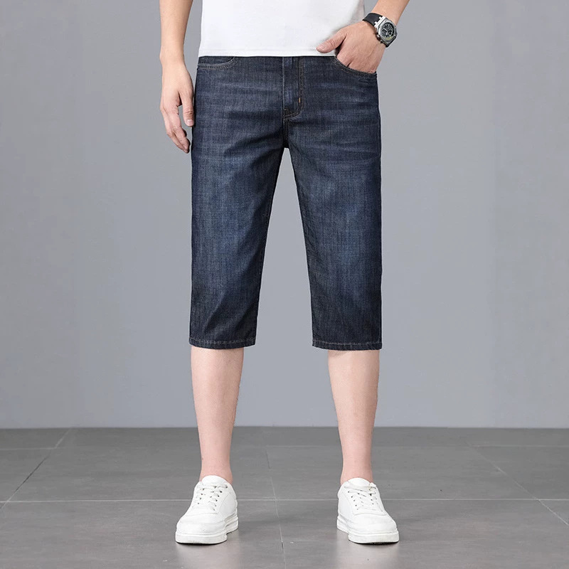 Xinjiang Cotton Men's Shorts Denim Shorts Spring and Summer New Simple Slim Fit Elastic Large Size Straight-Leg Cropped Pants for Men