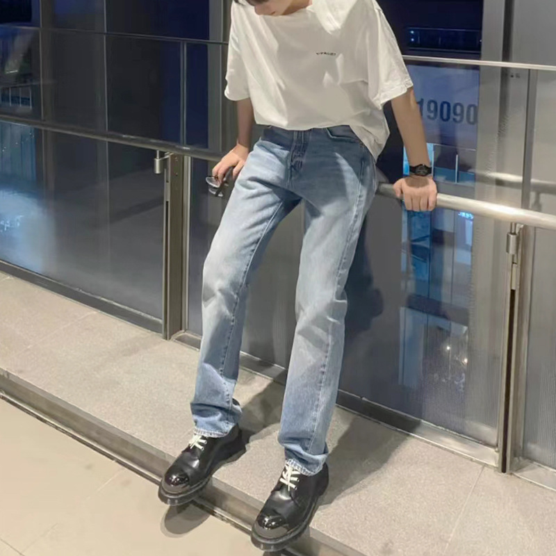 Cleanfit Style 501 Mid-Rise Straight Retro Ice Blue Washed Patch Destroyed Jeans