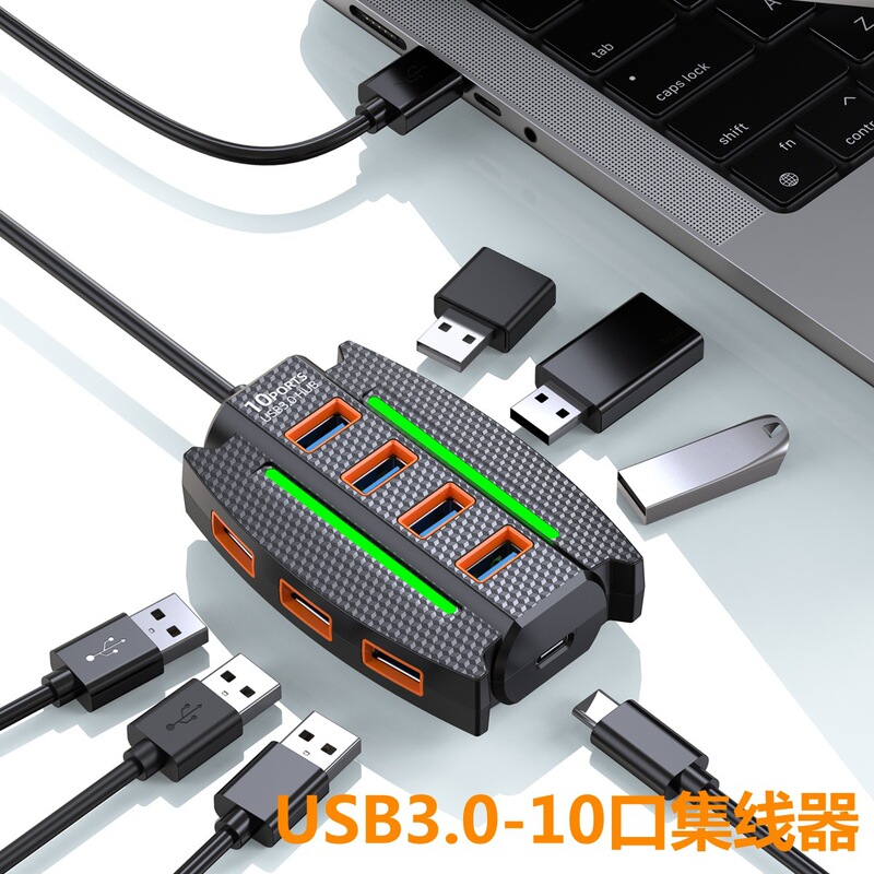 Cross-Border 10-Port Hub Usb3.0 Multi-Port Hub Expansion Dock Laptop External Splitter Ambient Light