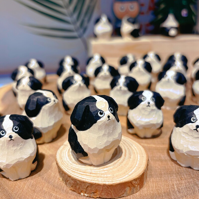 Cute Border Collie Handmade Wood Carving Small Ornaments Gift Doll Border Collie Desktop Ornaments