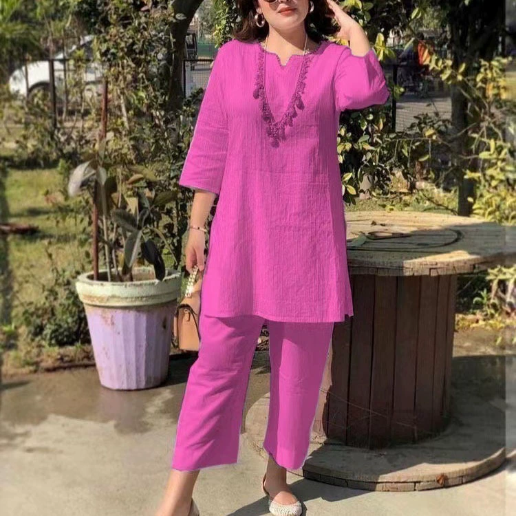 Весна и лето большой размер свободный толстый MM темперамент досуг этнический стиль с длинными рукавами моды сплошной цвет спортивный костюм для внешней торговли оптом