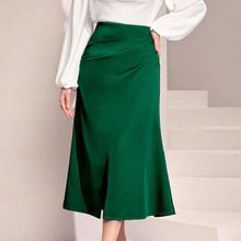 清仓跨境女装高腰缎面堆褶开叉长裙欧美纯色半身裙拉链鱼尾包臀裙