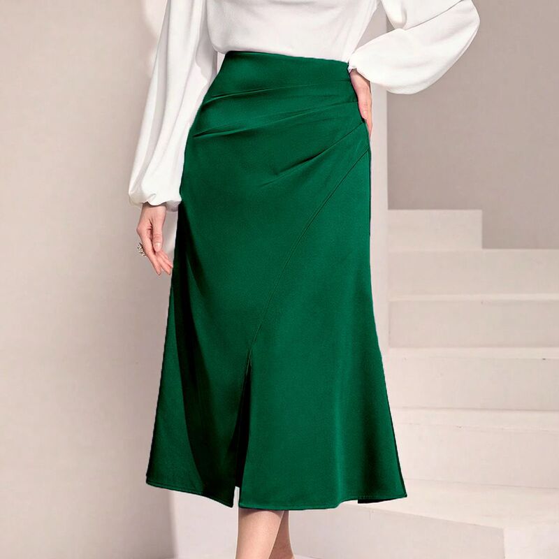 Clearance Cross-Border Women's High-Waisted Satin Pleated Slit Long Skirt European and American Solid Color Half Skirt Zipper Fishtail Bodycon Skirt