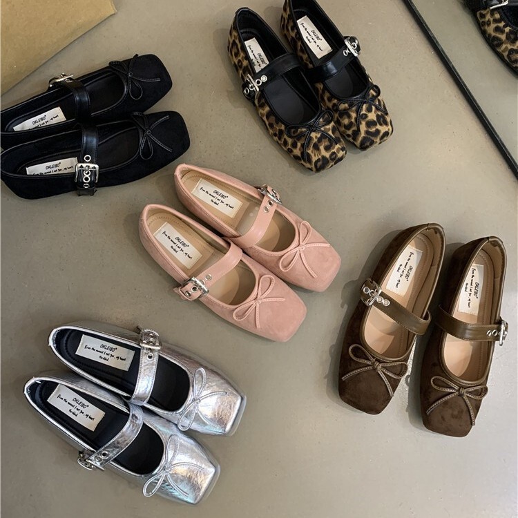 2025 Internet Popular Square Head Women's Shoes Autumn New Flat Bow Single Shoes Ballet silver Belt Buckle Mary Jane Shoes