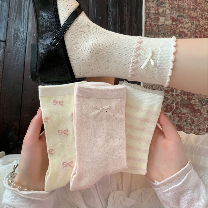 Sweet and Atmospheric Vibe~ Pink Girly Bow Socks for Women, Spring and Summer Korean Style, Breathable, Sweat-Absorbent, Versatile Seamless Cotton Socks