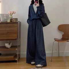 2025春季新款亚麻棉牛仔套装高级假两件外套宽松阔腿长裤