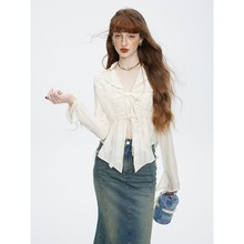 衬衫女设计感小众2025春季新款白色衬衣辣妹气质绑带雪纺上衣