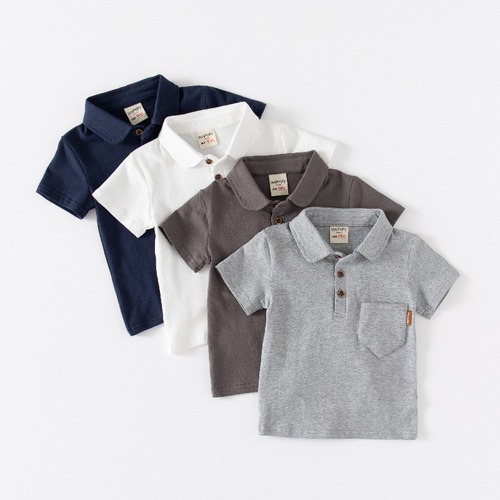 Boys short-sleeved T-shirt 2024 new children's solid color polo shirt baby summer top pocket label fashion lapel