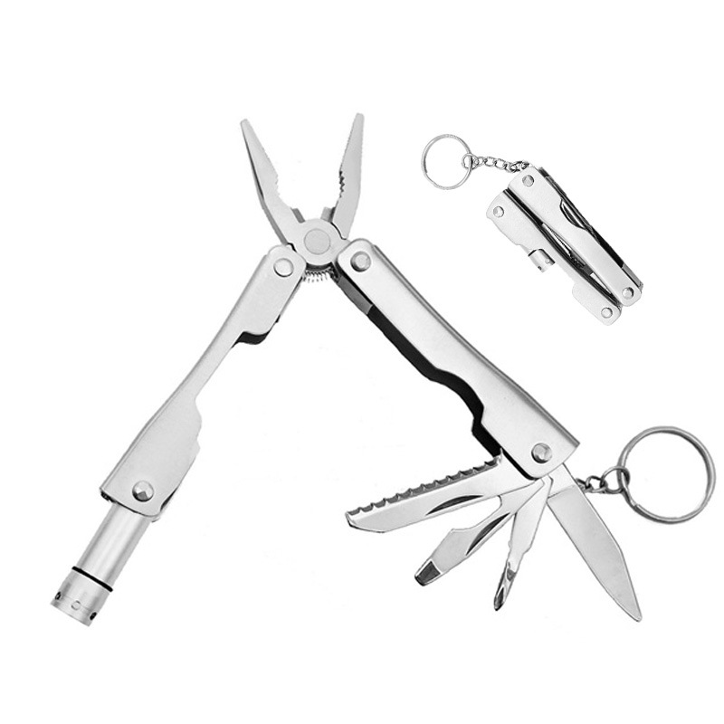厂家现货不锈钢本色多功能灯钳  应急包带LED灯钥匙扣折叠钳子