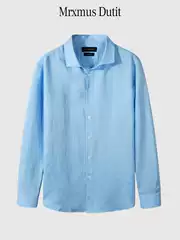 MD Men's 2026 New Summer Linen Shirt Business Casual Long Sleeve Commuter Button-Down Shirt Blue