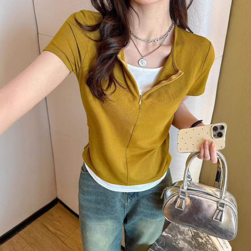Hengbin Thai Fake Two-piece Contrast Color Half Zipper Comfortable Breathable All-match Slimming Fashionable Design Sense Short-sleeved T-shirt for Women