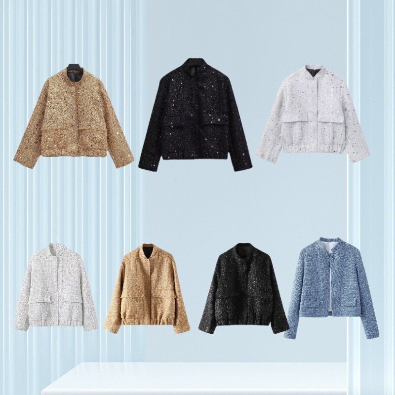 2025 European and American Cross-Border Women's Street Fashion Personalized Sequined Jacket Pocket Jacket