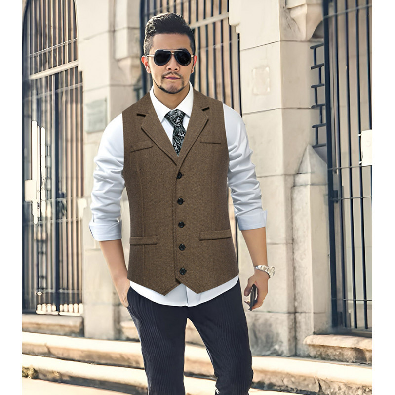 26 New Foreign Trade Men's Herringbone Tweed Suit Vest European Size Retro Lapel Single-Breasted Vest for Men