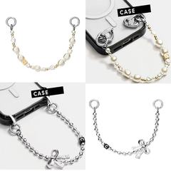 Casetif ダブルボタン携帯電話ストラップ携帯電話アクセサリーデザインインスタイルジョイントシルバーホワイトパールチェーンメタルリボン