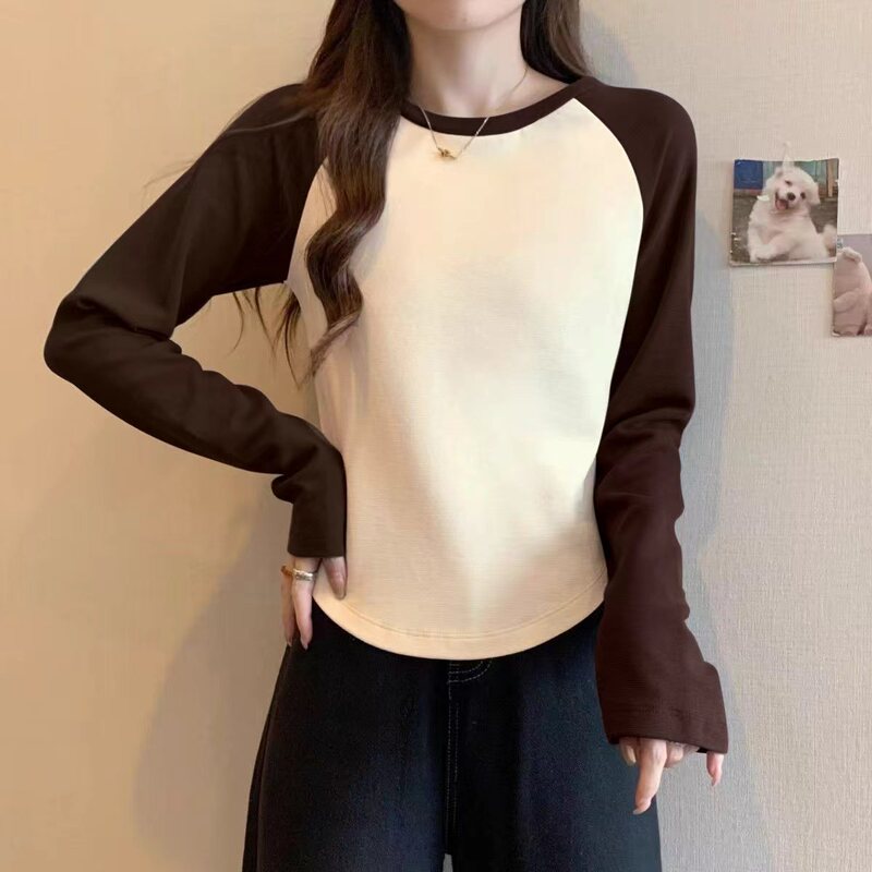 95 Cotton Spice Girl American Style Vintage Contrast Raglan Sleeve Long-sleeved T-shirt Women's Autumn and Winter Base Shirt Slim-fit Slimming Top