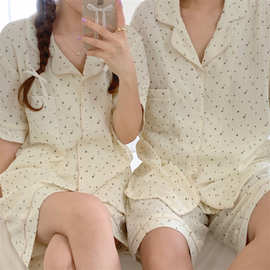 2023夏季新款星星图案印花情侣睡衣女短袖短裤家居服套装