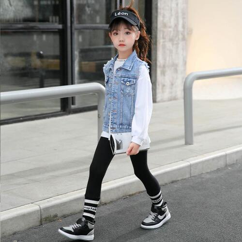 Cross-border wholesale new autumn fashion girls single-breasted denim jacket non-hooded spring and autumn cardigan waistcoat 