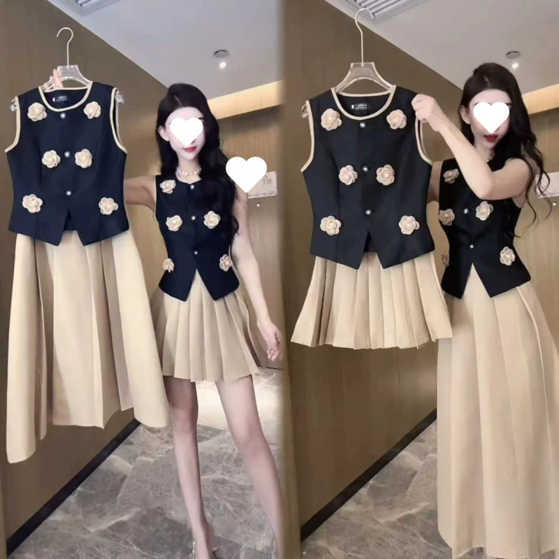 Дизайн ощущает небольшой ароматный набор 2025 новый летний трехмерный цветок без рукавов жилет с высокой талией плиссированная юбка из двух частей