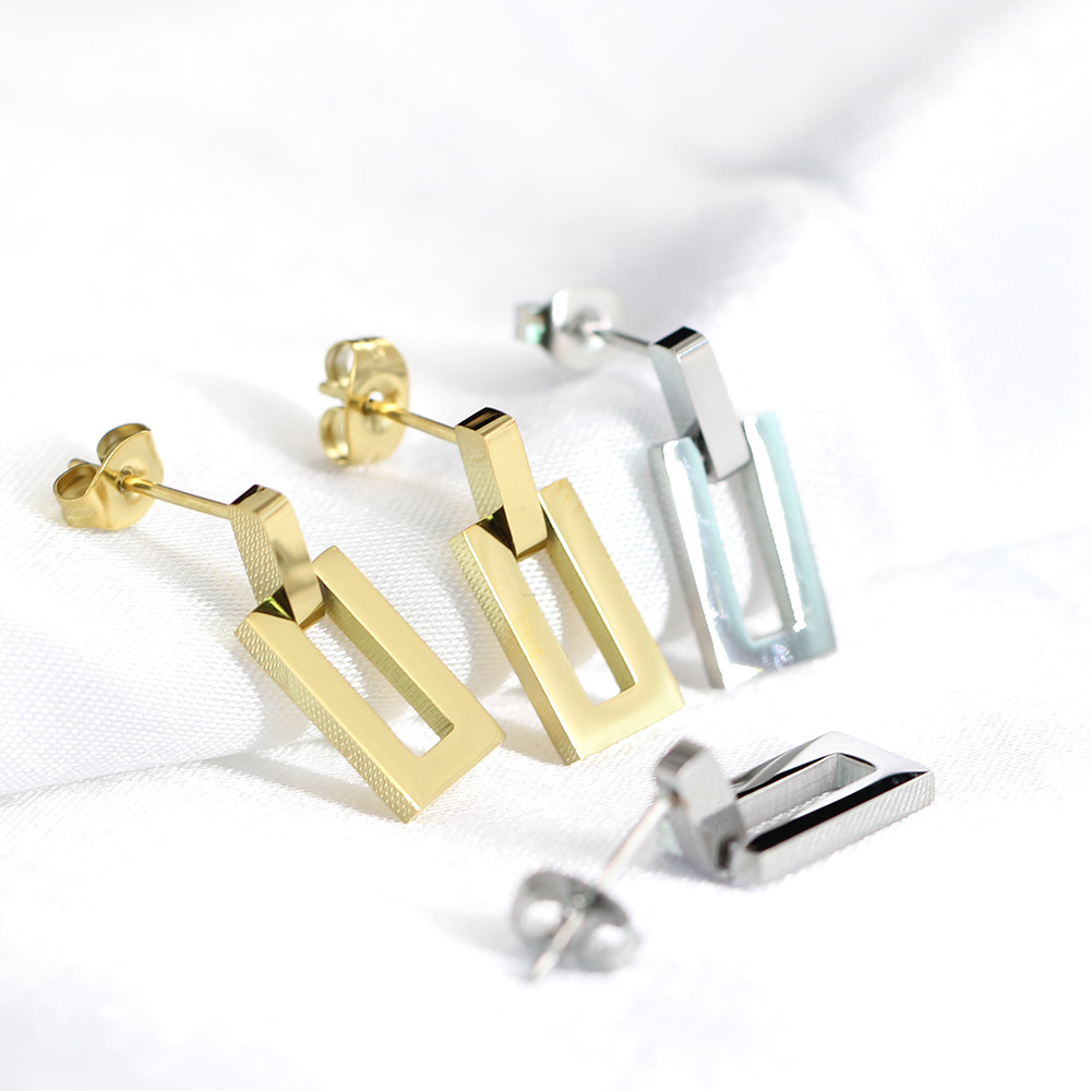 Fashion Geometric Hollow Rectangular Pendant Titanium Steel Earrings  display picture 3
