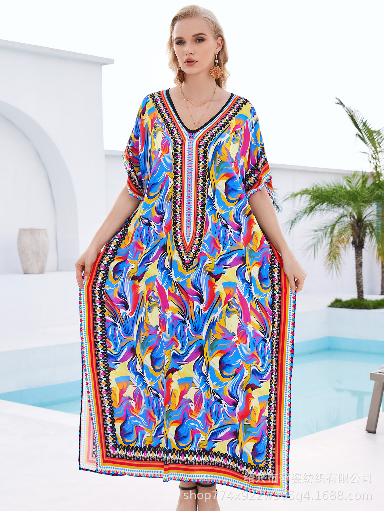 Camiseta de playa de algodón impresa de posicionamiento suelta vestido de vacaciones camisa protector solar bikini camisa AT603