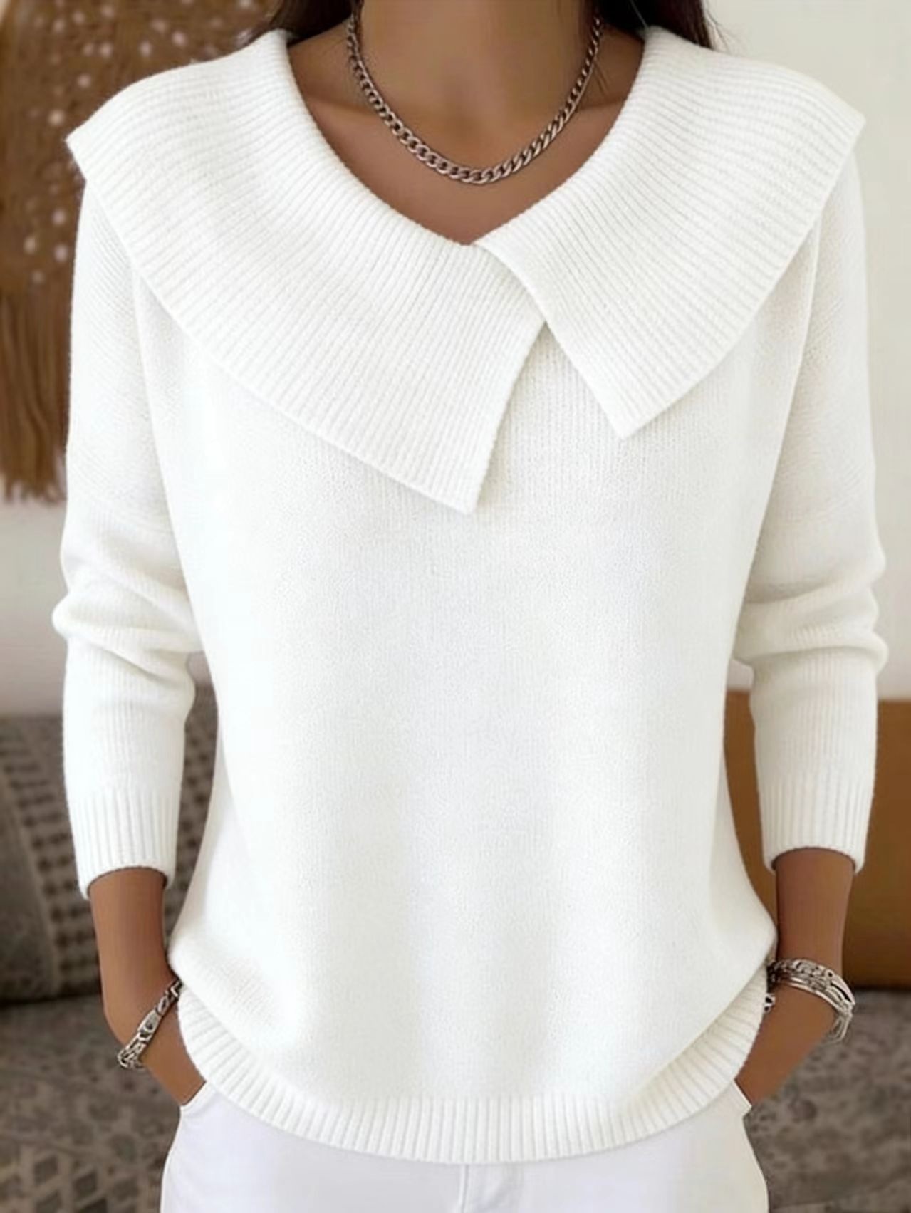 Women's Clothing Fashion Retro Slimming Collar Sweater For Women Style Versatile Knitwear Elegant Look For Formal & Casual For Women_ecoleips.com