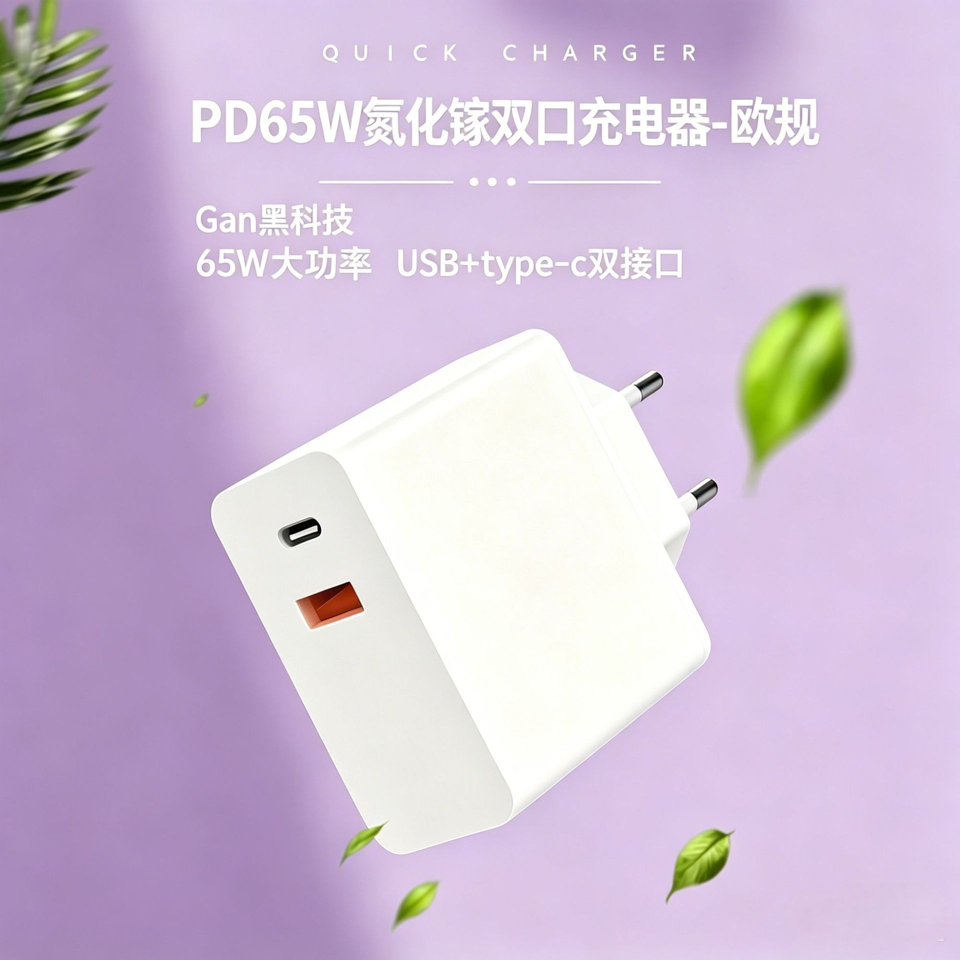 65W Gallium Nitride European Standard Fast Charging Charger Dual-C Flash Charging Cable Set Suitable for iPhone and Huawei Laptops