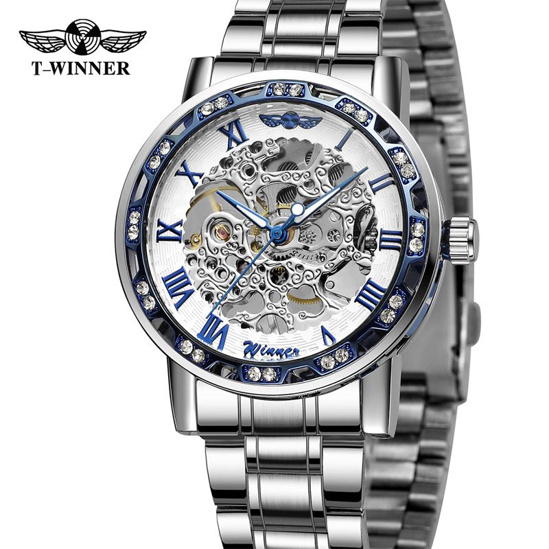 T-WINNER8012 nuevo fresco zafiro azul movimiento mecánico semiautomático regalo de los hombres de acero correa de reloj