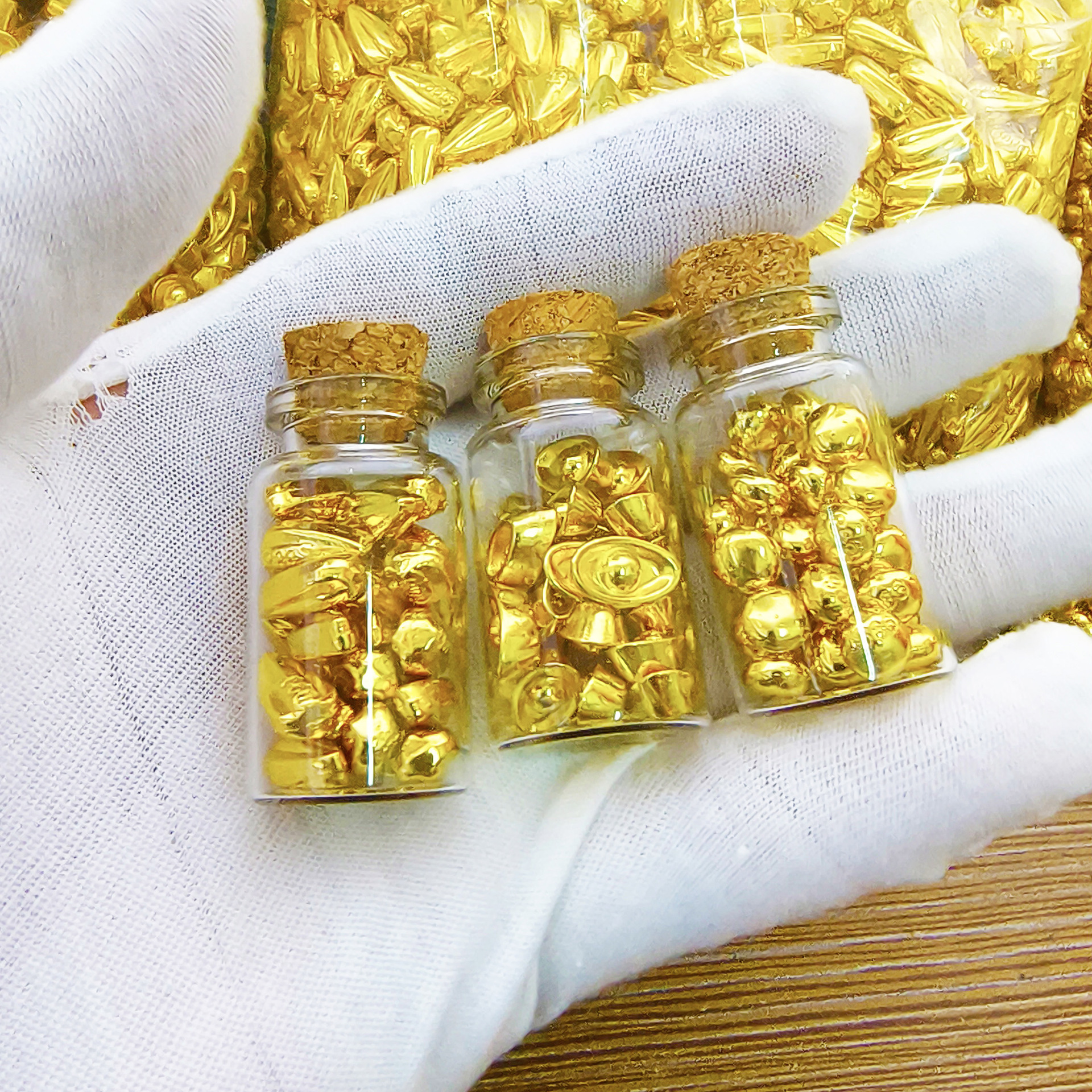 沙金小元宝合金鎏金宝聚宝盆配件漂流瓶摆件金豆豆小瓜子复古做旧