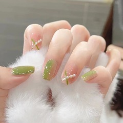 B624 green contrast line medium long gold powder small pearl manicure wearable manicure removable factory direct sales one piece drop shipping