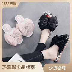 設計師款小香卷捲毛超大蝴蝶結毛絨一字拖可外穿平底時尚毛拖鞋