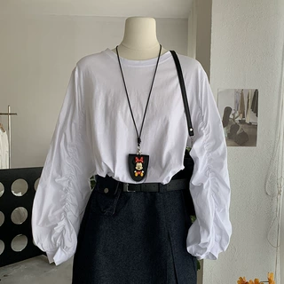 欧玛莱 拼接褶皱长袖T恤女宽松圆领纯色打底上衣早秋新款百搭4731