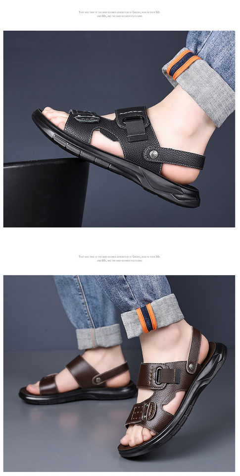 Dép sandal nam da bò lớp đầu đế dày kiểu hở ngón đi biển — Màu nâu, màu đen chi tiết 19