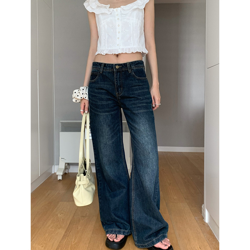 Dorothy Four Seasons South Korea Laid-back Low Waist Distressed Washed Jeans All-match Long Wide Leg Pants
