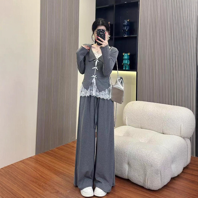 韩系学院风套装女秋季2025新款气质蕾丝开衫上衣显瘦阔腿裤两件套|undefined