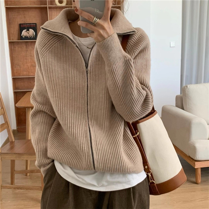 Coreano con solapa de doble cremallera de color sólido cardigan de punto de mujer otoño y invierno nuevo suéter suave pegajoso abrigo suelto image 1