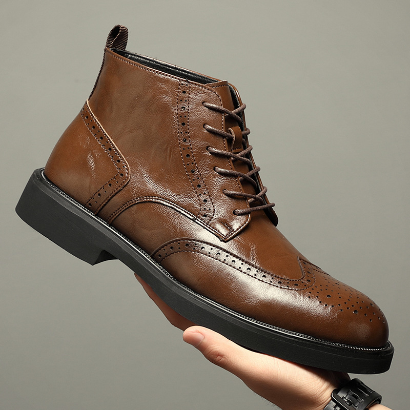 马丁靴男高帮布洛克英伦工装靴牛皮手工复古休闲厚底皮靴子男加绒