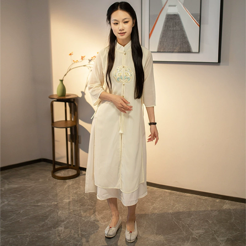 9781 реальная съемка нового китайского стиля cheongsam платье поддельные две части чайной одежды Qinyi магазин красоты рабочая одежда летом